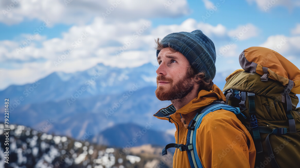 A lone hiker treks across a majestic mountain range, enjoy happy in outdoor travel adventure exploration.