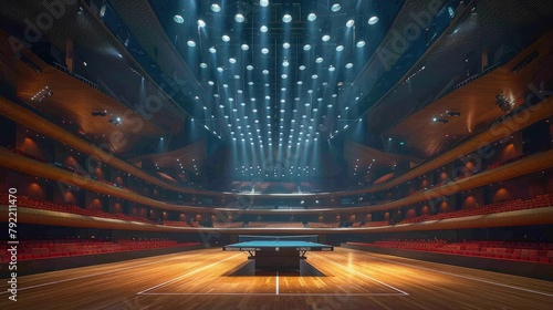  table tennis arena with High ceilings, wood floors, LED lights in the roof. Summer Olympic Games competition . photo