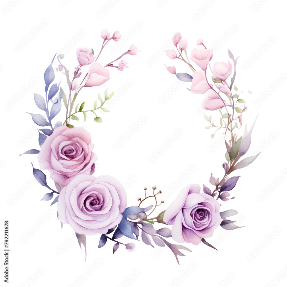 Watercolor floral wreath with pink roses and eucalyptus branches, hand painted on a white background