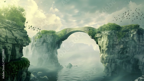 Surreal landscape with an ancient stone bridge arching over misty waters, birds in flight, and lush cliffs photo