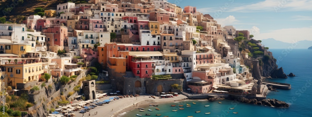 A superb view of houses in Almanpie, Italy, and numerous tourists and parasols on the coast