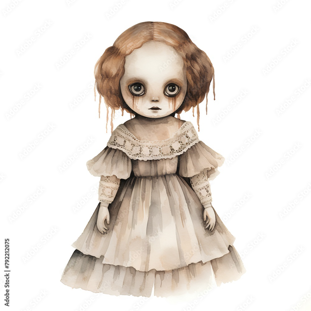 Scary doll isolated on white background. Hand drawn watercolor illustration. Scary doll isolated on white background. Hand drawn watercolor illustration.