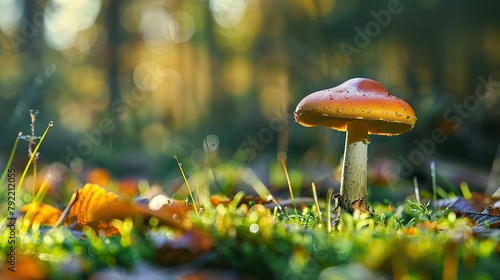 photo of single beautiful mushrooms in nature