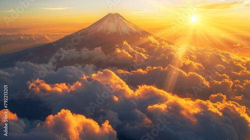 Closeup of a mountain peak bathed in golden sunlight and surrounded by a blanket of clouds. A symbol of strength and resilience reminding individuals that even in the toughest times .