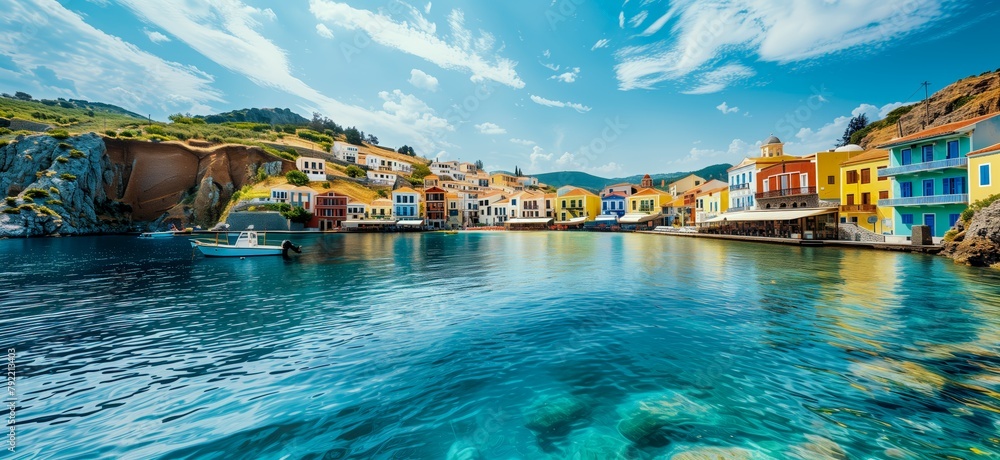 A Wide-Angle Shot of a Colorful Greek Island Coastline With Vibrant Houses Reflecting in the Calm Blue Sea, Under a Clear Sky