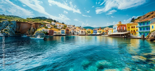 A Wide-Angle Shot of a Colorful Greek Island Coastline With Vibrant Houses Reflecting in the Calm Blue Sea, Under a Clear Sky