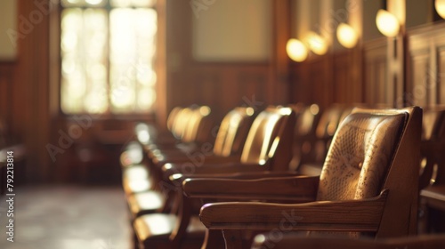 Defocused Courtroom Panorama A dreamy outoffocus scene of a courtroom evoking a sense of mystery and intrigue in the legal system. . photo