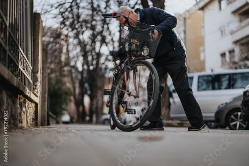 Active senior man repairing bicycle on urban city street. © qunica.com