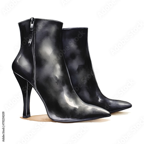 Black high heel women boots isolated on white background. Watercolor illustration