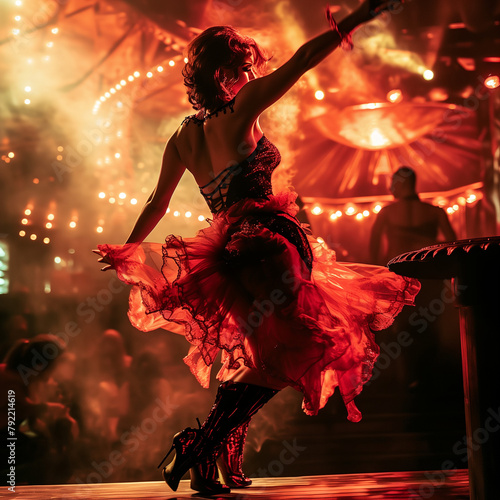 Moulin rouge girl dancing on a table, full body pose, dancing big scene
