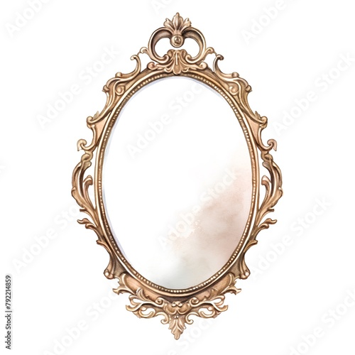 Golden oval mirror isolated on white background. 3d rendering illustration.