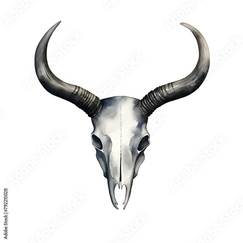 Skull of a buffalo with horns. Isolated on white background.