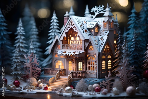 Christmas and New Year holiday background. Festive decoration in the form of a wooden house. © Iman