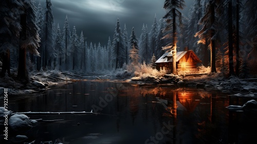 Foggy winter night in the forest with a wooden house.