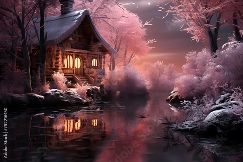 Beautiful winter landscape with a wooden house on the bank of the river