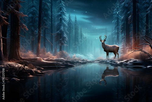 Fantasy landscape with deer in the forest at night. 3d illustration