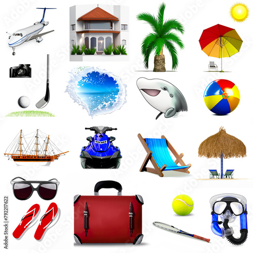 Collection of summer holiday travel symbols. Illustration of vacation travel set symbols, concept objects isolated. Background.