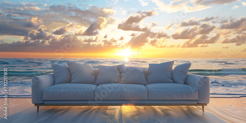 Coastal Comfort Sofa Silhouetted Against Beach Sunset © Laiba