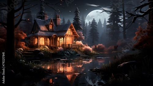 Night landscape with wooden house in the forest at night with full moon