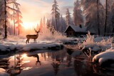 Beautiful winter landscape with a reindeer on the river bank
