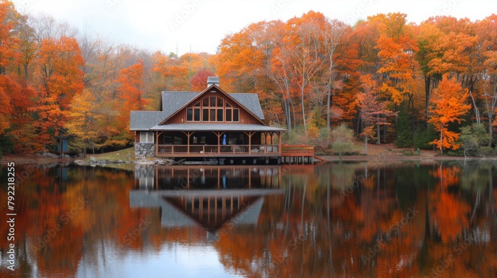 Fototapeta premium Nice modern triangular house near lake