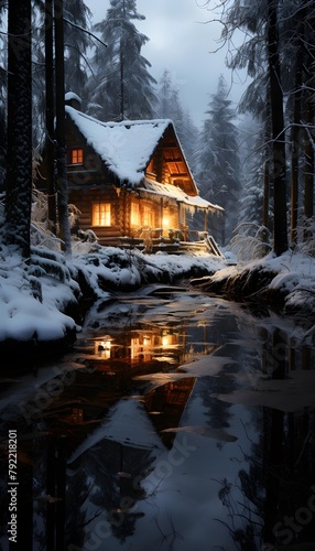Winter house in the forest with reflection in a puddle of water © Iman