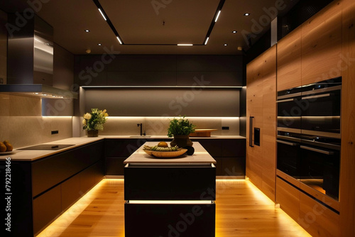 A modern kitchen with sleek cabinetry and integrated appliances, illuminated by recessed lighting overhead.