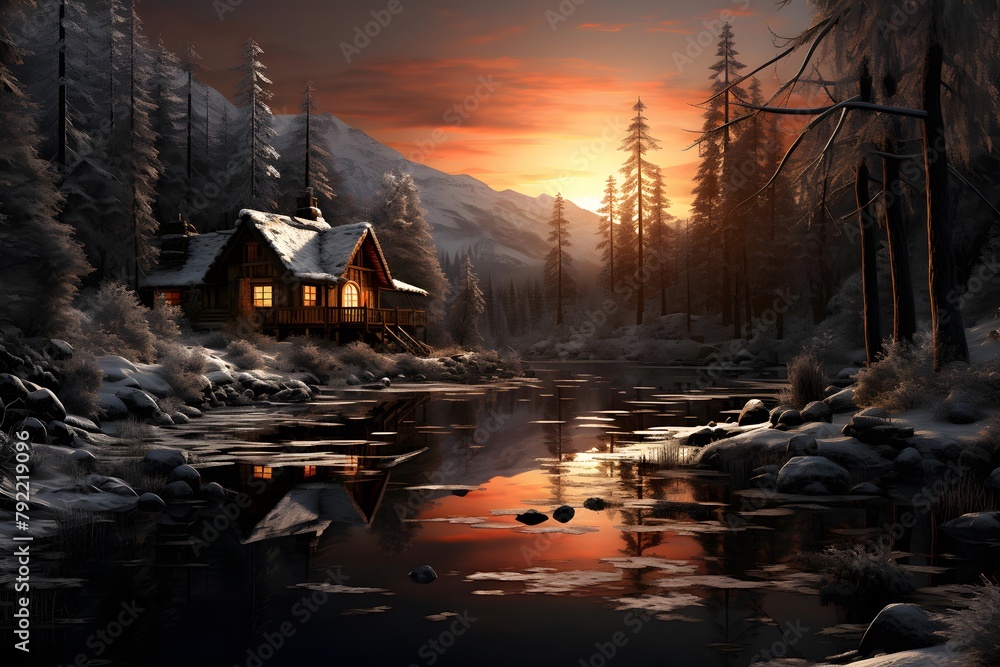Panoramic view of a wooden house in the middle of a mountain river at sunset