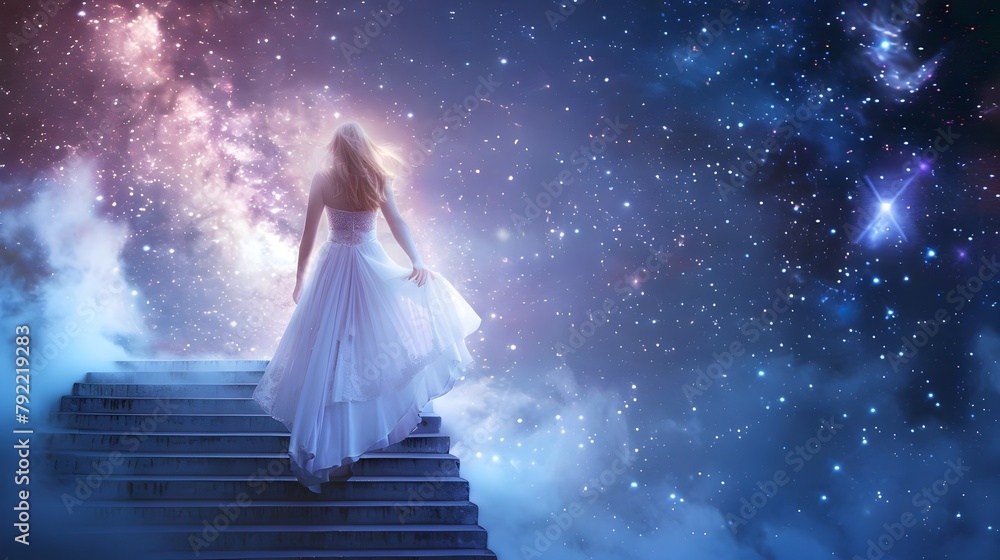 Woman Walking A Staircase Up Ascending Into Heaven Cosmos Galaxies Stars (Generative AI) Woman Walking A Staircase Up Ascending Into Heaven Cosmos Galaxies Stars (Generative AI)