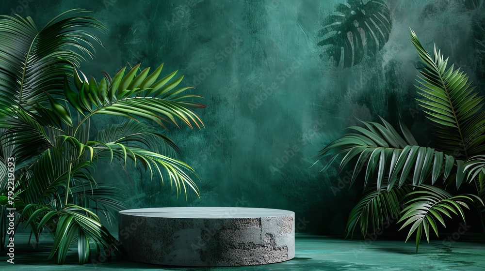 stone pedestal podium of products against a backdrop of tropical foliage stone pedestal podium of products against a backdrop of tropical foliage