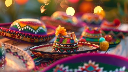  Colorful Mexican sombreros and maracas arranged on a festive table for Cinco de Mayo celebrations. 