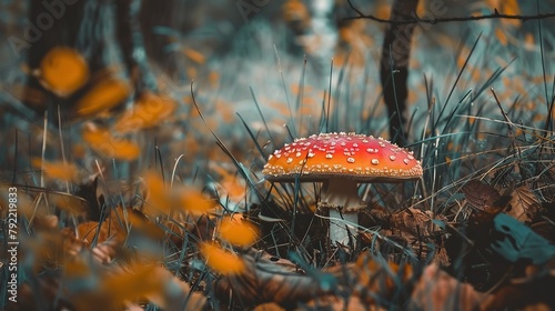 photo of single beautiful mushrooms in nature 