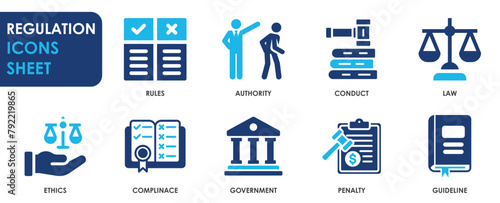 Regulation icon collection. Containing rules, authority and so on. Rules and law icons set.