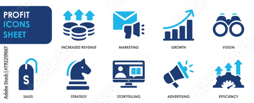 Profit in sale icon set. Profit and income related icons set.