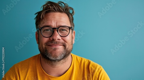 Pensive bearded bald man close up portrait. Yellow t-shirt isolated on blue background