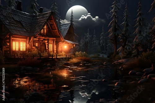 3d render of a house in the forest at night with full moon