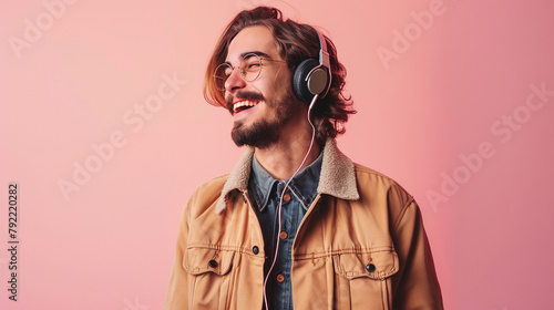 Young man hipster style on studio colored background