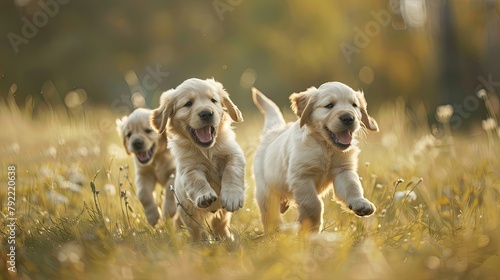 Golden retriever puppies frolicking in a meadow