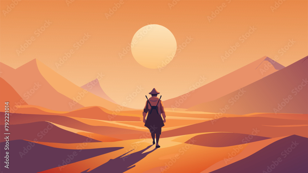 A lone traveler treks across a desolate desert landscape carrying everything they need on their back. As the blazing sun beats down on them