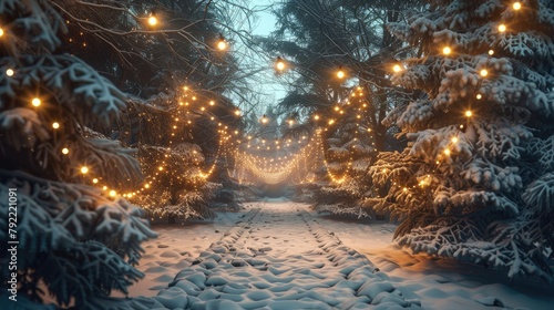 3D Christmas lights strung up between snowy trees