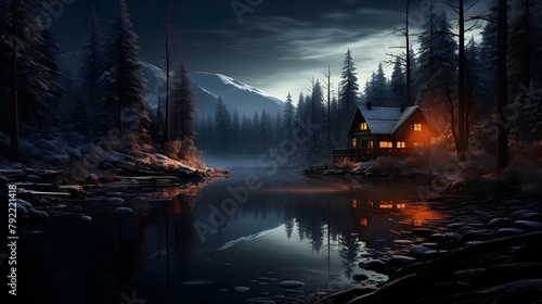 Foggy night landscape with a cottage on the shore of the lake #792221418