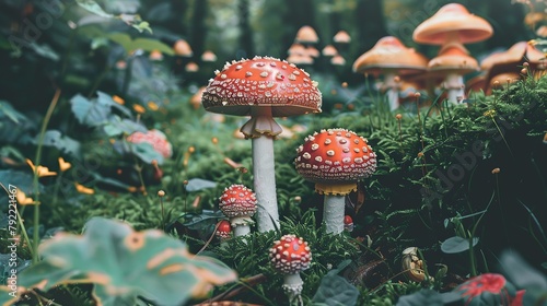 photo of single beautiful mushrooms in nature 