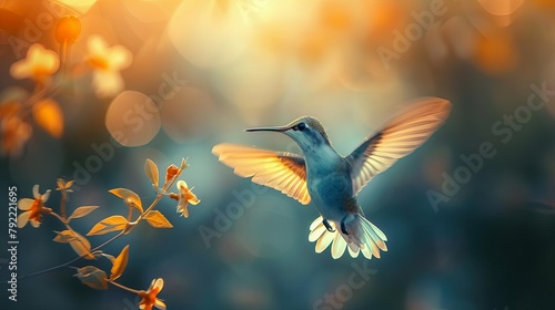 A determined hummingbird in flight, hovering near a blurred flower, symbolizing the delicate balance between freedom and the pursuit of goals photo
