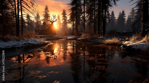 Sunset in the winter forest. Panoramic view of the river. © Iman