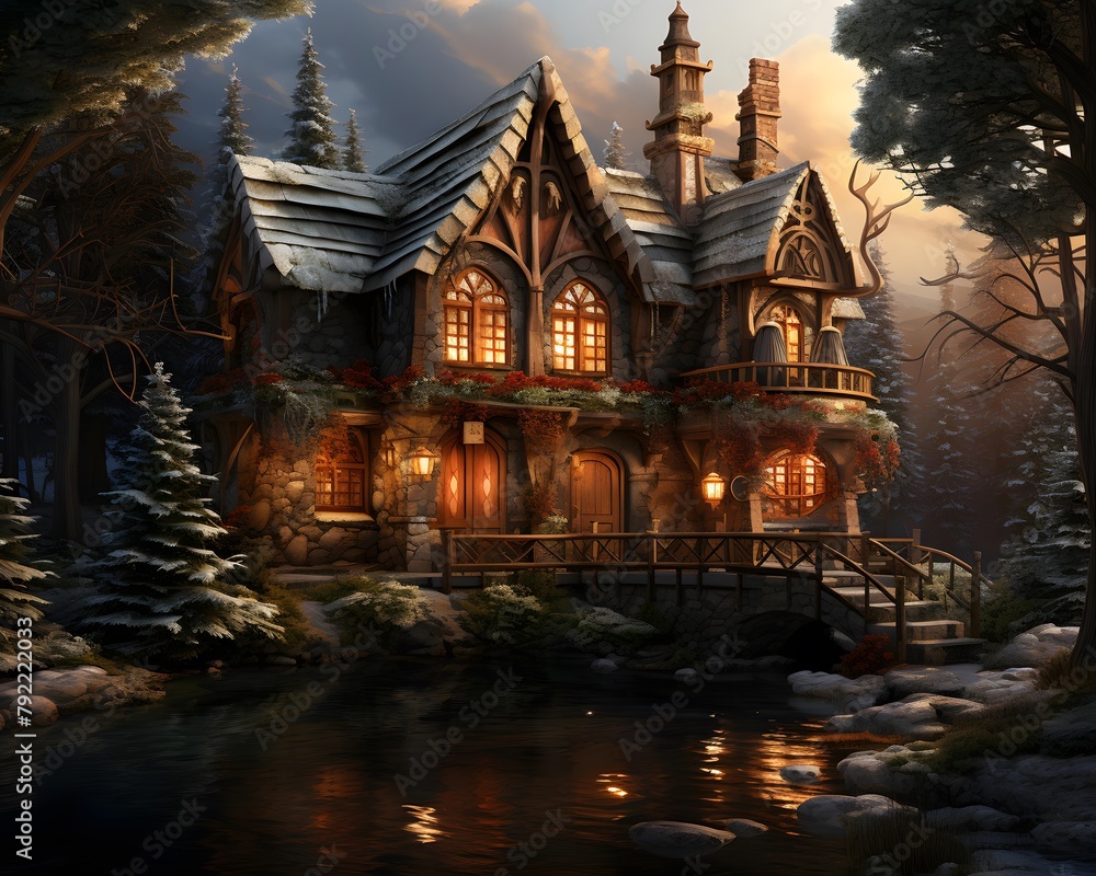 Beautiful wooden house in a winter forest. 3D rendering.