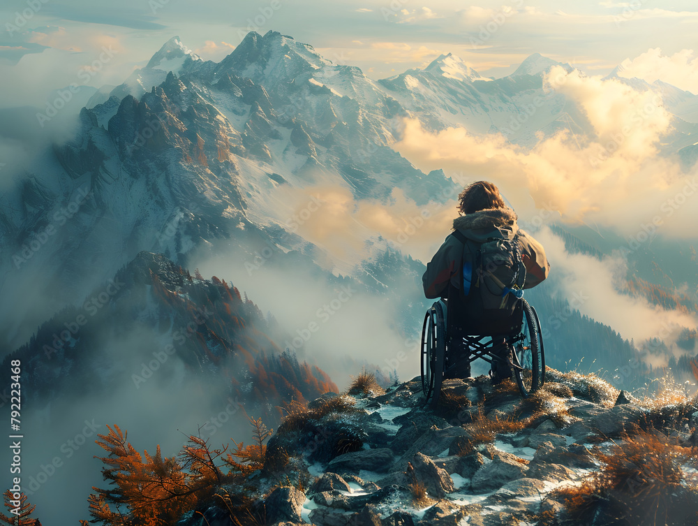 A man in a wheelchair on top of a mountain. AI generated. A man in a wheelchair on top of a mountain. AI generated.