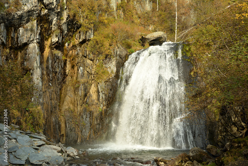 Fototapeta Naklejka Na Ścianę i Meble -  A powerful waterfall flows in a wide stream from a high mountain, surrounded by yellowed autumn forest.