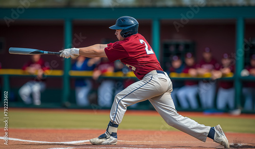 A man in a baseball uniform swinging a bat during a game, with teammates in the background, depicting the sport of baseball. Generative AI
