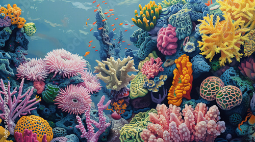 A vibrantly colored coral reef teeming with fish and other marine life thrives underwater photo