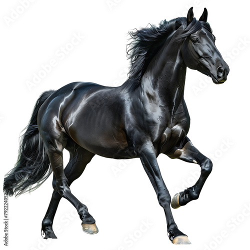 Black horse running, side view, full body, white background